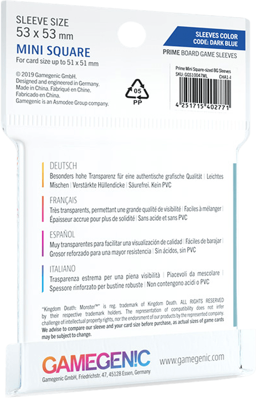 Prime Board Game Sleeves: Mini Square - 50 Pack (New) - Gamegenic 60G