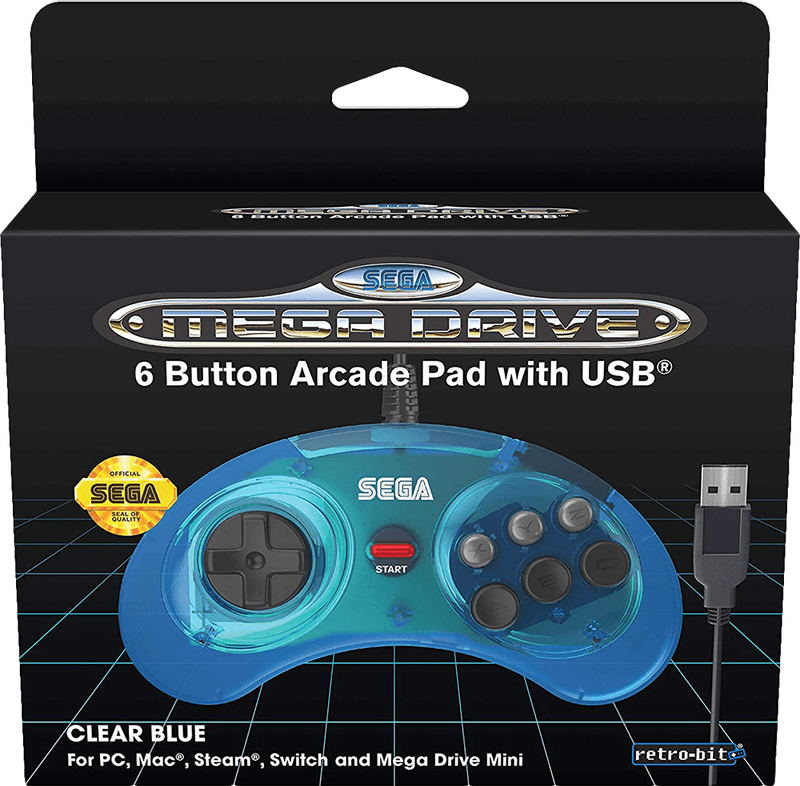 Retro-Bit SEGA Mega Drive 6 Button USB Arcade Pad - Clear Blue (PC)(New) - Retro-Bit 600G
