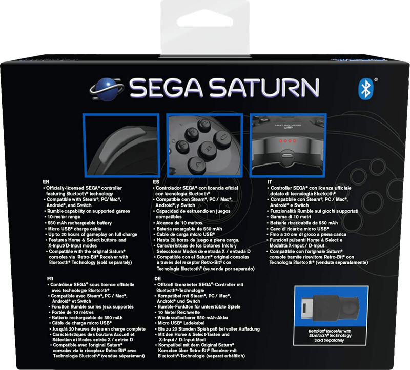 Retro-Bit SEGA Saturn 8 Button Wireless Bluetooth Controller - Black (PC / PS3 / Switch)(New) -