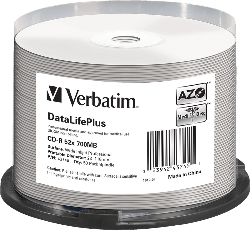 Verbatim DataLifePlus Printable 700MB Blank 52x CD-R - 50 Pack Spindle (New) - Verbatim 350G