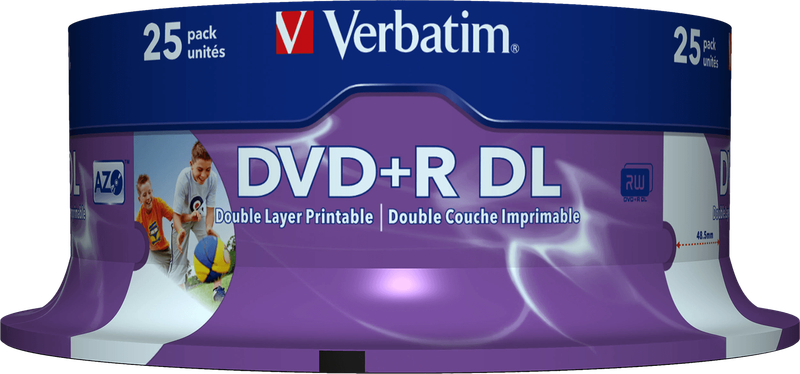 Verbatim Double Layer Printable 8.5GB Blank 8x DVD+R DL - 25 Pack Spindle (New) - Verbatim 350G