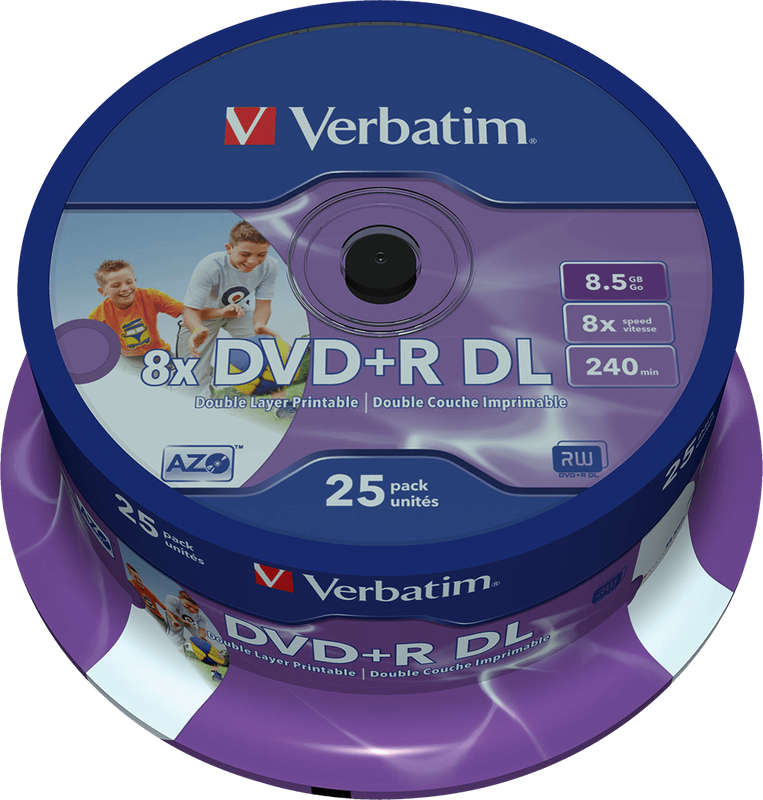 Verbatim Double Layer Printable 8.5GB Blank 8x DVD+R DL - 25 Pack Spindle (New) - Verbatim 350G