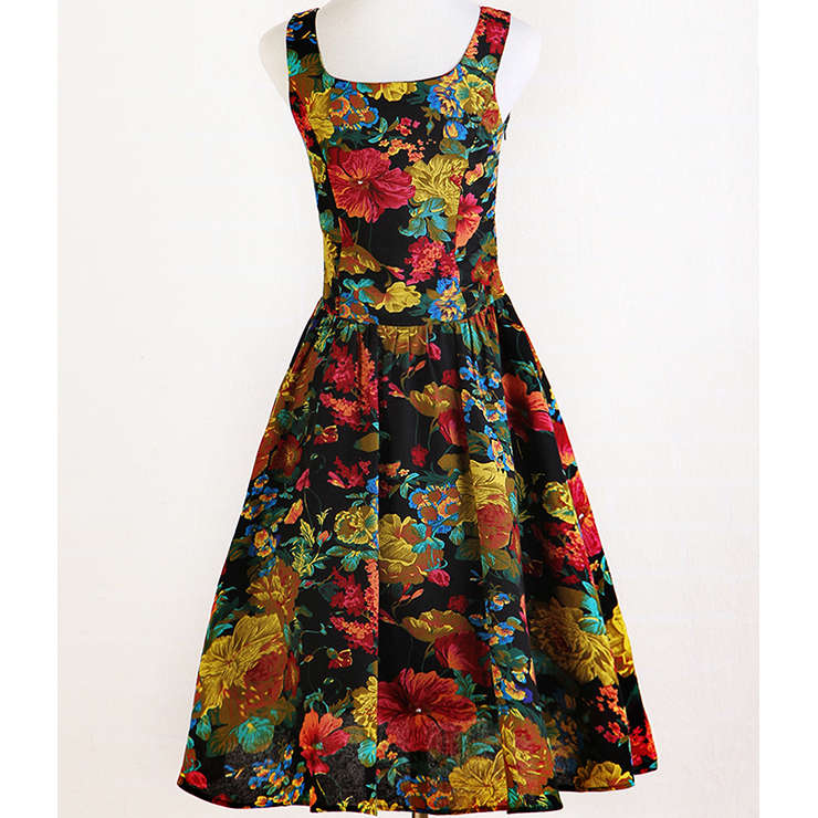 1960's Vintage Rockabilly Floral Print Swing Dress N11913
