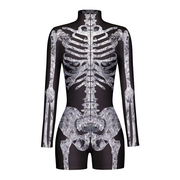 Scary Grey Skeleton 3D Digital Printed High Neck Long sleeve Shorts Bodysuit Halloween Costume N2...