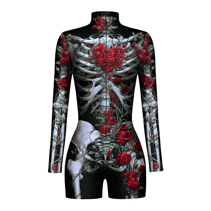 Scary Red Rose Skeleton 3D Digital Printed High Neck Long sleeve Shorts Bodysuit Halloween Costum...