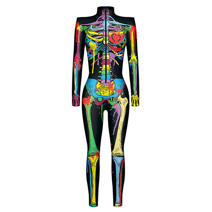Scary Multiple Colors Bone 3D Digital Printed Unitard Skeleton High Neck Bodysuit Halloween Costu...