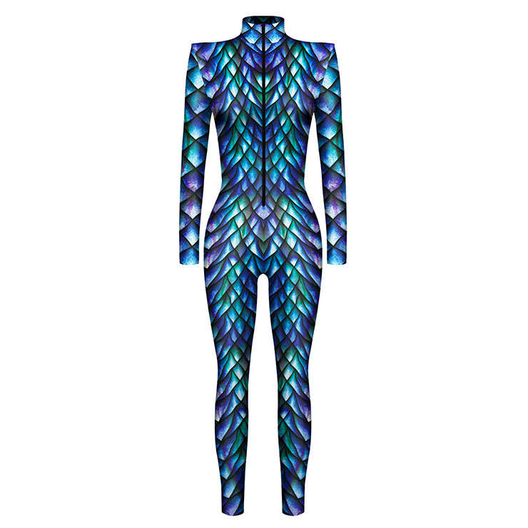 Blue Robot 3D Printed Unitard Humanoid High Neck Bodysuit Halloween Cosplay Costume N22328