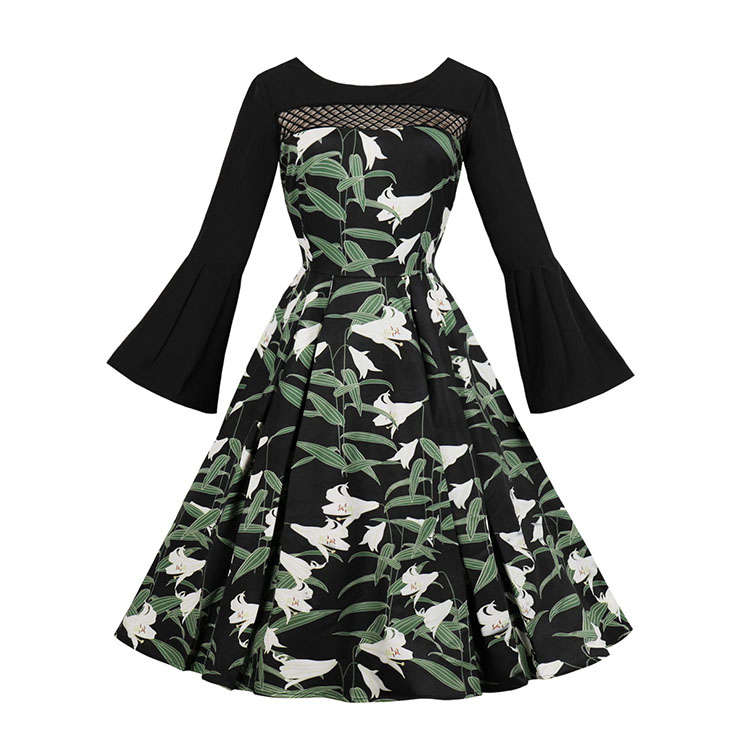 Black Elegant Mesh Round-neck Lily Printed Trumpet Sleeves High Waist Midi A-dress N18269