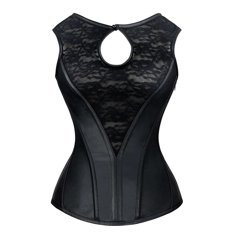 Training Black Lace PU Steel Bone Bodyshaper Waist Training Zipper Closure Vest Corset N18852