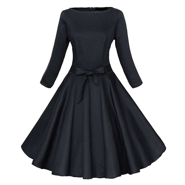 Classic 1950's Vintage Pure Black Long Sleeves Casual Cocktail Party Dress