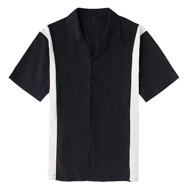 Fashion Black Splicing Panel Casual Fifties Bowling Shirt with Pocket N17185
