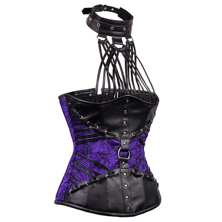 Steampunk Halterneck Brocade Faux Leather Steel Boned Underbust Corset N12906