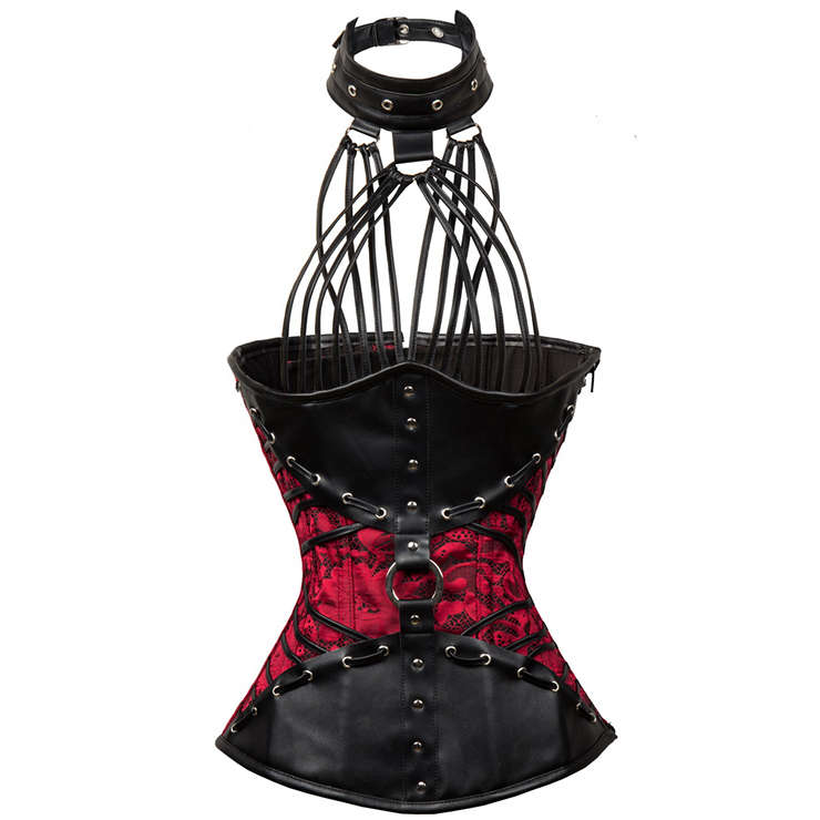 Steampunk Goth Halterneck Brocade Faux Leather Steel Boned Underbust Corset N12583