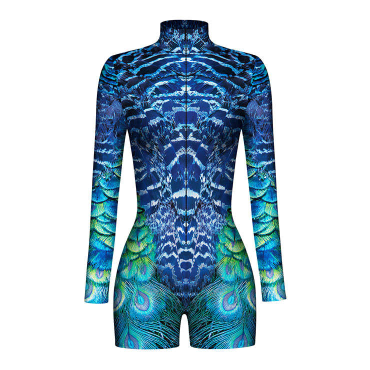 Blue Pattern 3D Printed High Neck Long Bodycon Jumpsuit Halloween Costume N22346