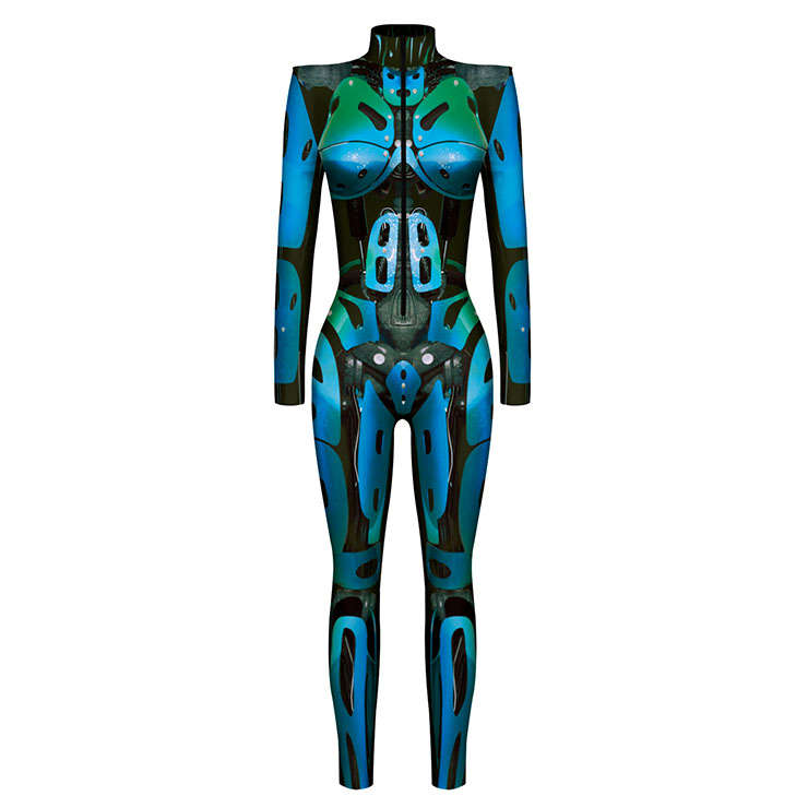 Blue Robot 3D Printed High Neck Long Bodycon Jumpsuit Halloween Costume N22323