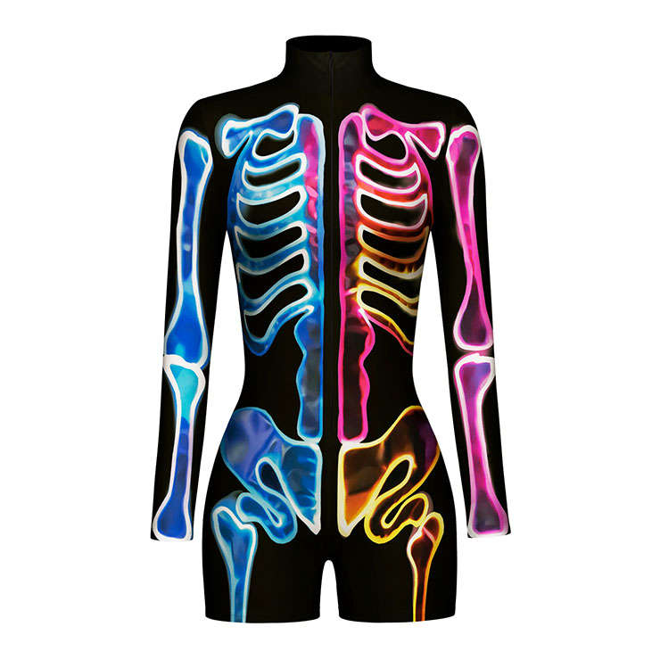 Multi Colored Bones 3D Printed High Neck Long Bodycon Jumpsuit Halloween Costume N22344