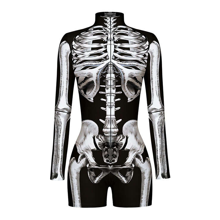 White Bones 3D Printed High Neck Long Bodycon Jumpsuit Halloween Costume N22345