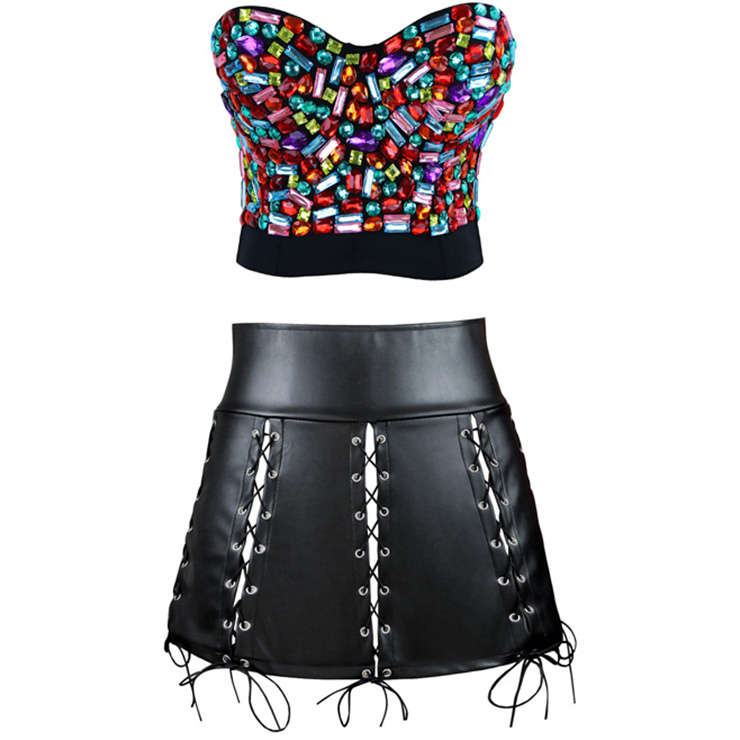 Sexy Colorful Gem Bra Top and Black Faux Leather Skirt Set N12716