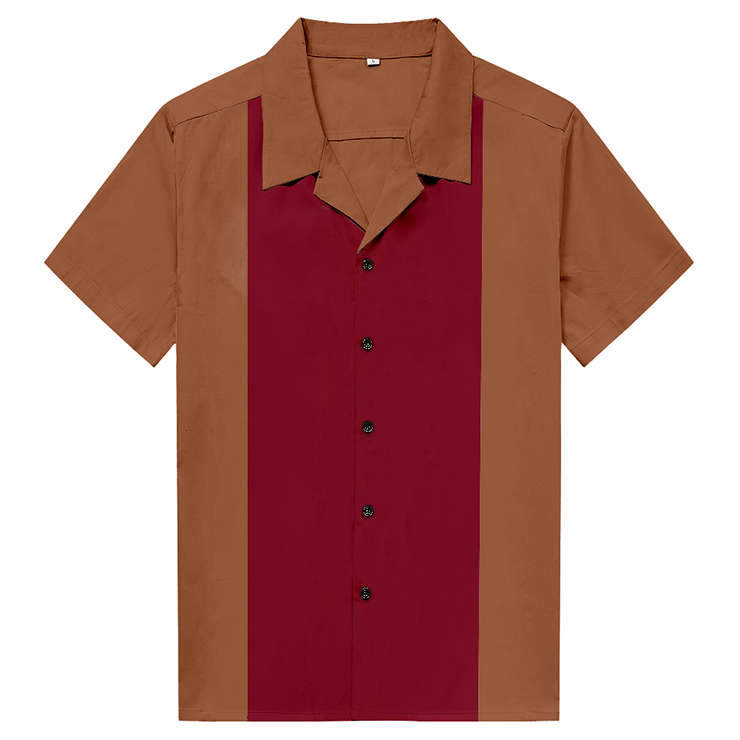 Fashion Brown/Red Male Splicing Beer Shirt Casual Fifties Bowling Shirt N16720