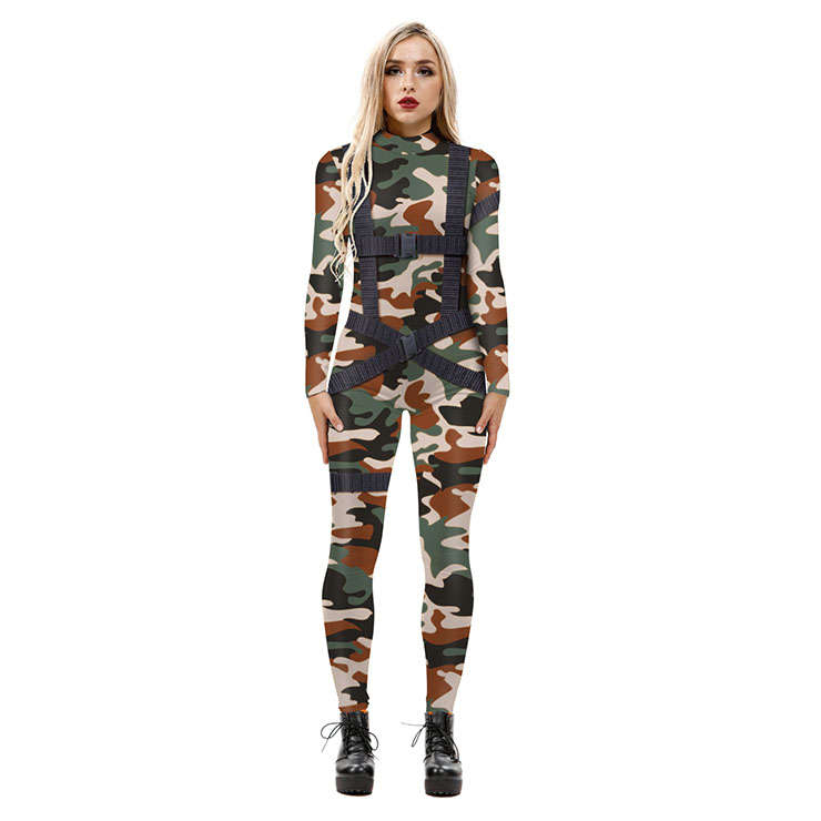 New Product Camouflage 3D Printed High Neck Long Bodycon Jumpsuit Halloween Costume N21250