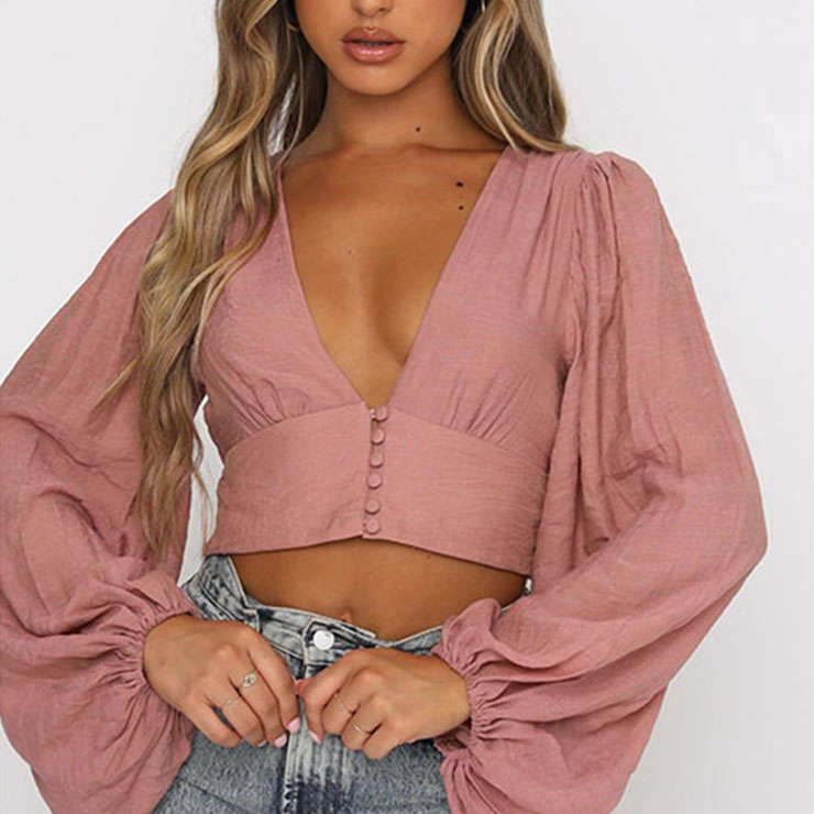 Fashion Casual Dark-pink Cotton Deep V Neck Lantern Sleeve High Waist Elastic Crop Top N21112