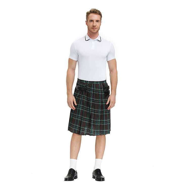 Men's Classic Brown Plaid Pleated Skirt Scottish Holiday Mid Waist Tartan Utility Kilt N20769
