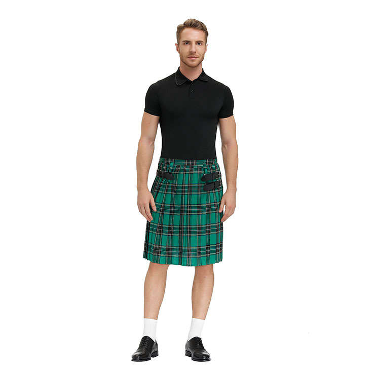 Men's Classic Green Plaid Pleated Skirt Scottish Holiday Mid Waist Tartan Utility Kilt N20768