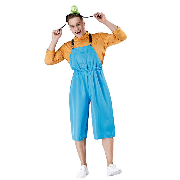 3pcs Cute Men's Orange Long Sleeve Shirt and Blue Bib Pants Cosplay Set N19459