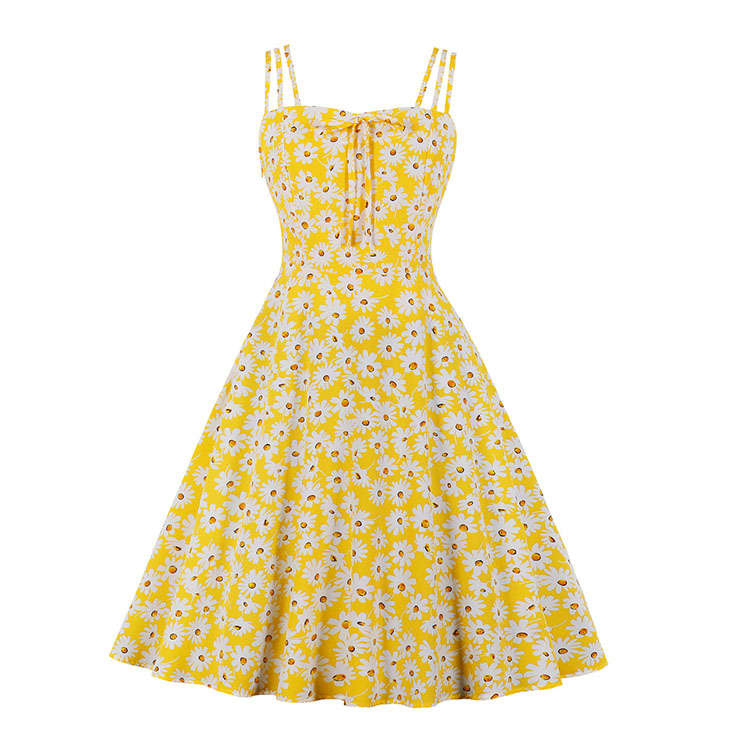 Cute Daisy Print Spaghetti Straps Sleeveless High Waist Summer Party Swing Slip Dress N20434