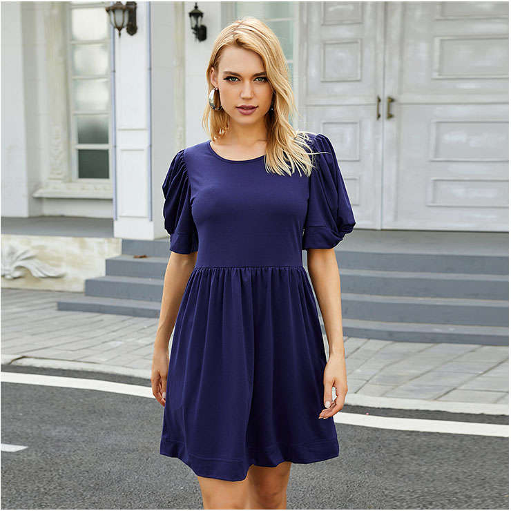 Elegant Country Style Dark-blue Puff Sleeve Round Neck Summer Day Mini Dress N20921
