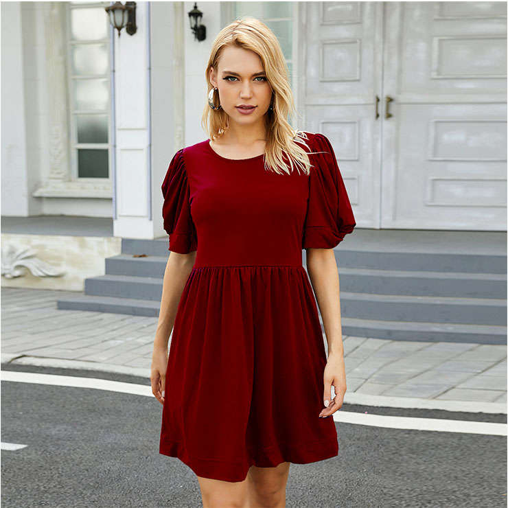 Elegant Country Style Wine-red Puff Sleeve Round Neck Summer Day Mini Dress N20933
