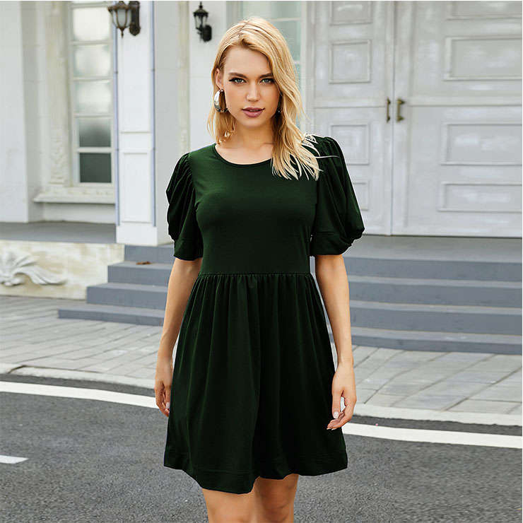 Elegant Country Style Dark-green Puff Sleeve Round Neck Summer Day Mini Dress N20935
