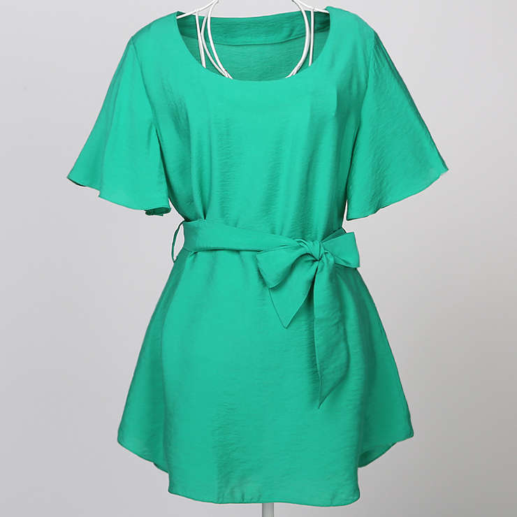 Elegant Green Short Sleeve Belted Tunic N11853