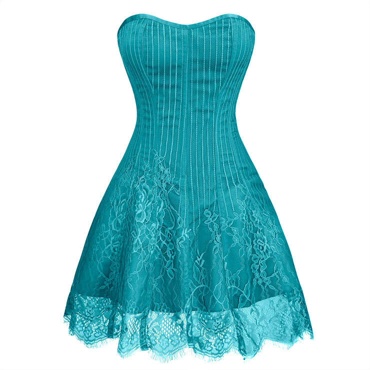 Gothic Elegant Sexy Dark-green Strapless Stripe Lace Plastic Bone Corset Mini Dress N20258