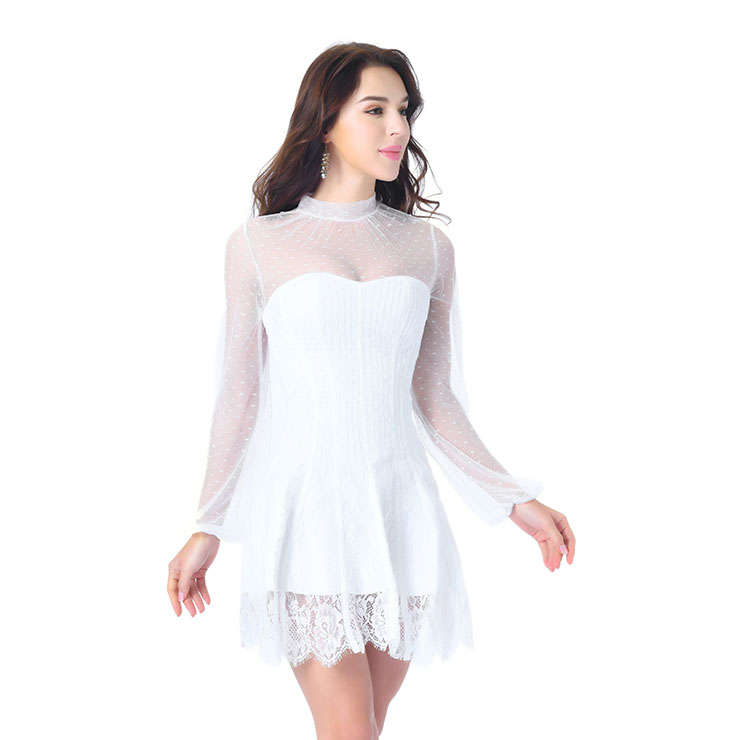 Gothic Elegant White Strapless Stripe Lace Corset Mini Dress With Polka Dots Blouse Set N20240