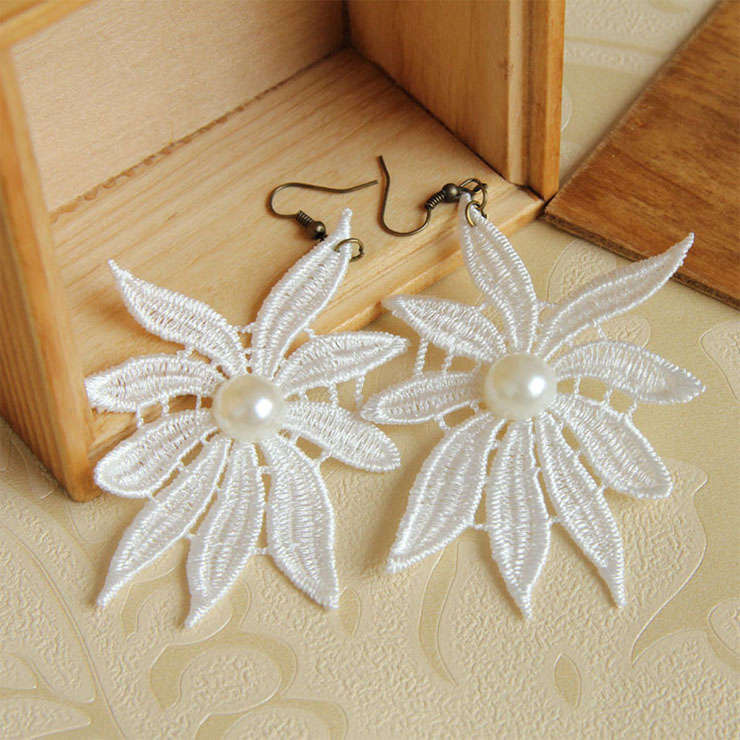 Elegant Flower Modeling Lace with White Gem Embellished Earrings J18423