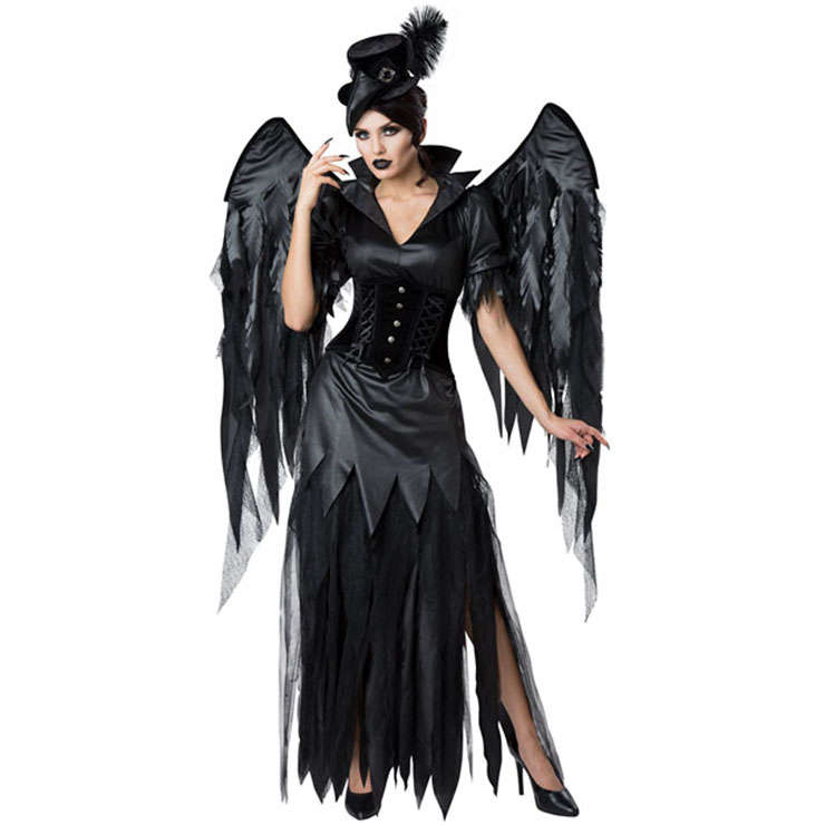 4pcs Gothic Evil Crow's Wings Corset Dress Adult Vampire Cosplay Halloween Costume N19545