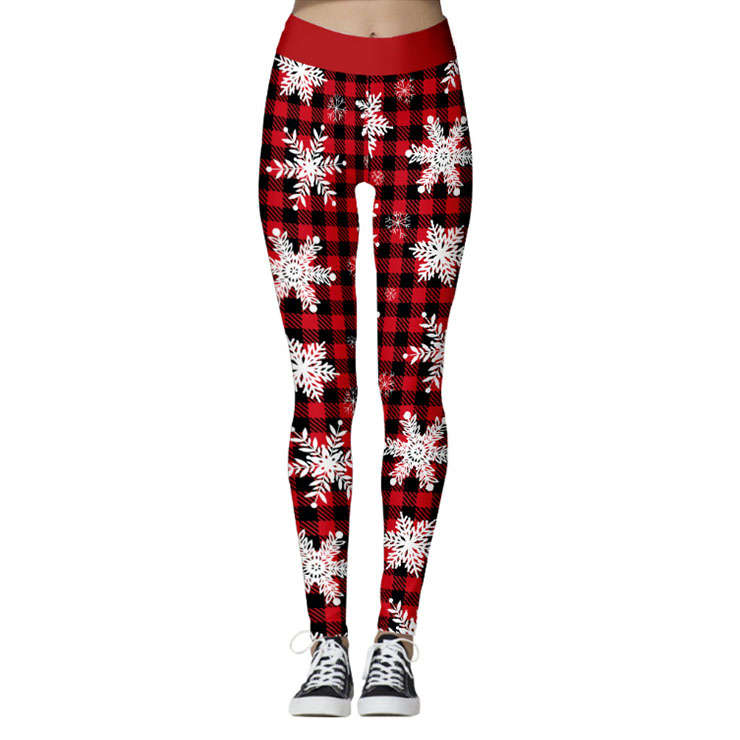 Fashion 3D Digital Print Classic Christmas Snowflake Red Plaid High Waist Elastic Leggings L21564