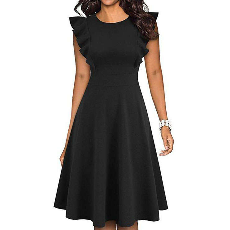 Vintage Black Round Neck Flying Sleeves High Waist Cocktail Party Solid Color Midi Dress N21374