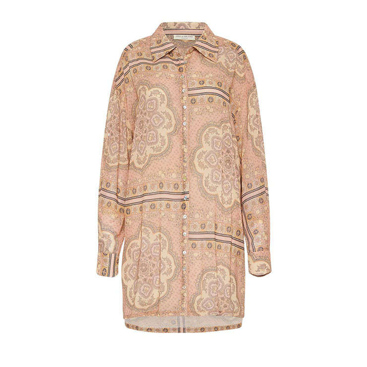 Fashion Printed Lapel Long Sleeves Loose Waist Casual Summer Beachwear Shirt Dress N21736
