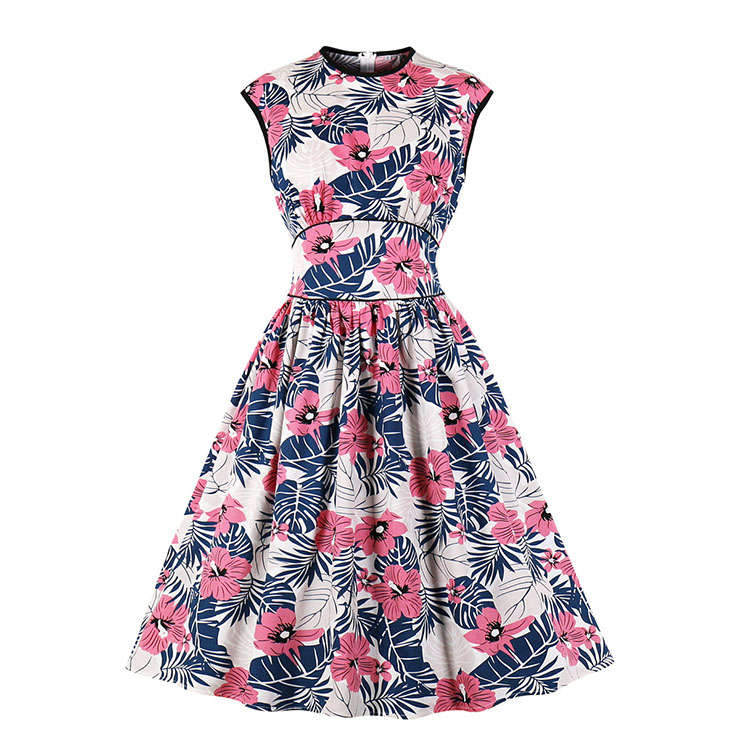 Fashion Floral Print Round Neck Sleeveless High Waist Cocktail Party Swing Dress N20953