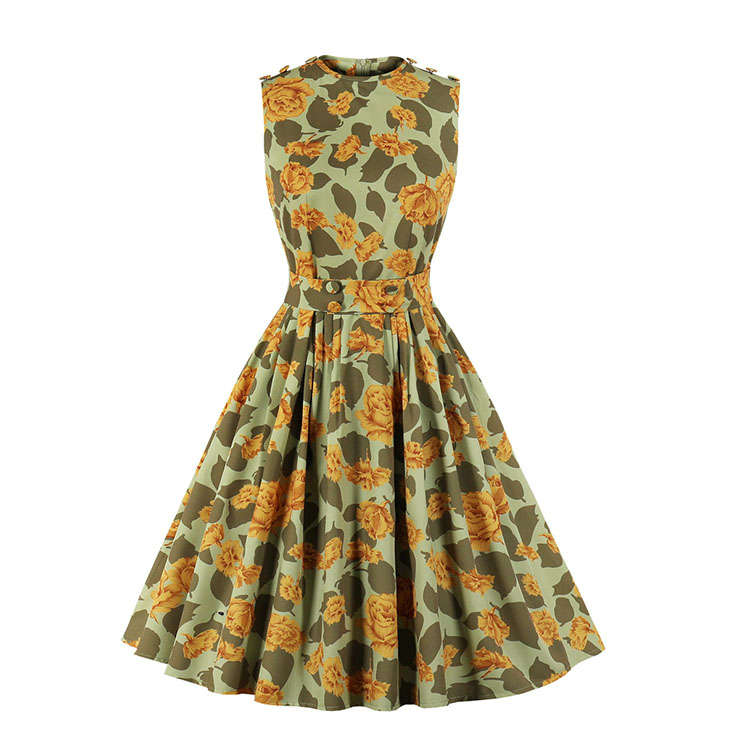 Sexy Floral Print Round Neck Sleeveless Button High Waist Cocktail Party Swing Dress N20968