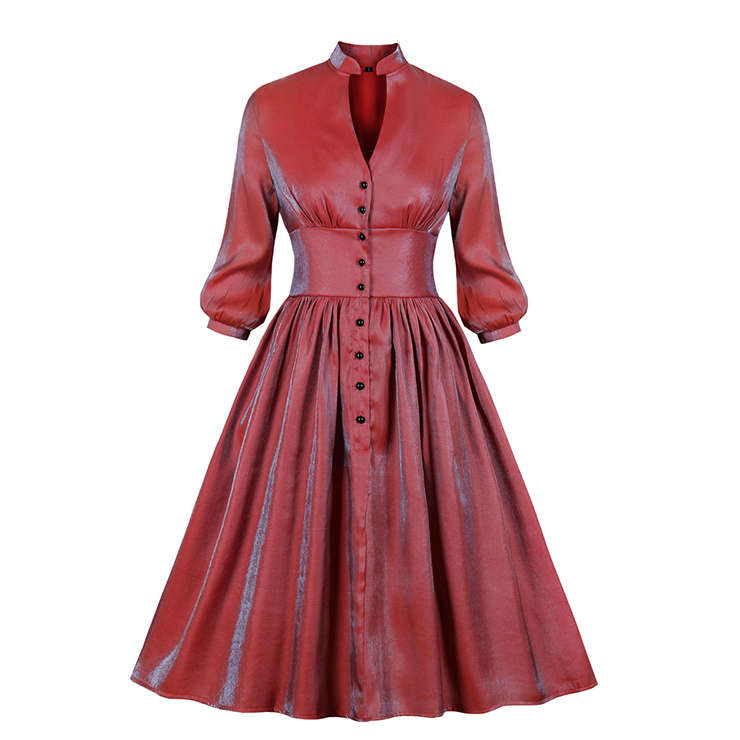Vintage Gradient High Neck Cut-out Front Button Puff Sleeve High Waist Party Midi Dress N19945