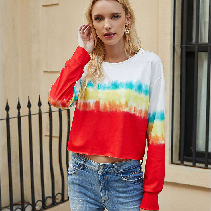 Fashion Women's Tie-dye Print Gradient Round Neck Long Sleeve T-shirt Pullover Blouses N20627
