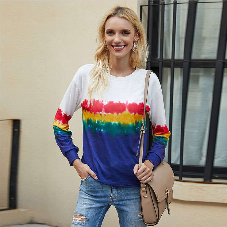 Casual Women's Rainbow Gradient Print Round Neck Long Sleeve T-shirt Pullover Blouses N20628