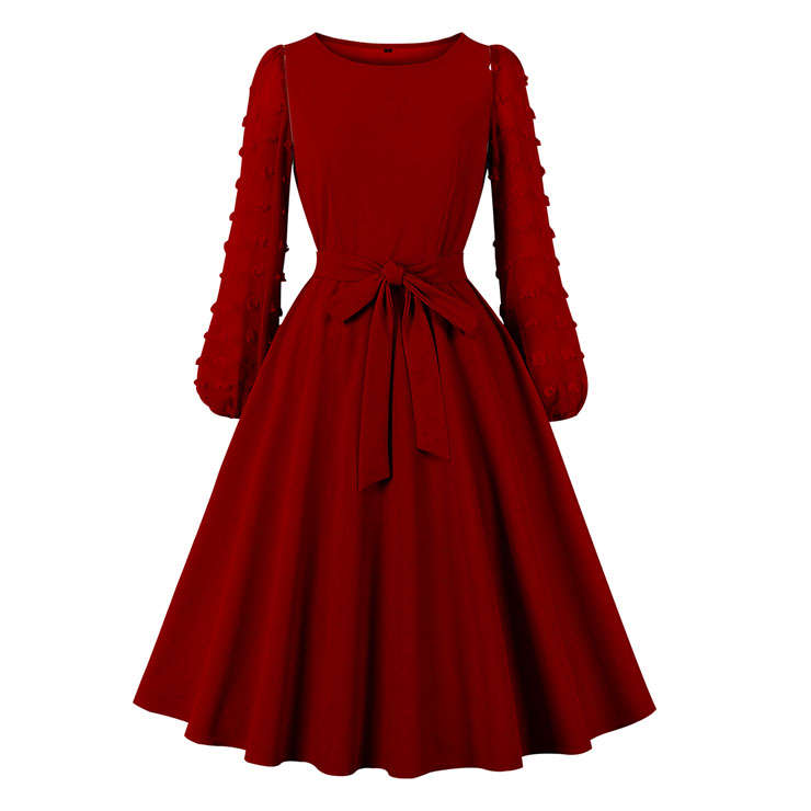 Fashion Round Neck Solid Color Long Puff Sleeve High Waist Cocktail Party A-line Dress N21618