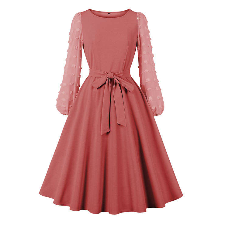 Fashion Round Neck Solid Color Long Puff Sleeve High Waist Cocktail Party A-line Dress N21620