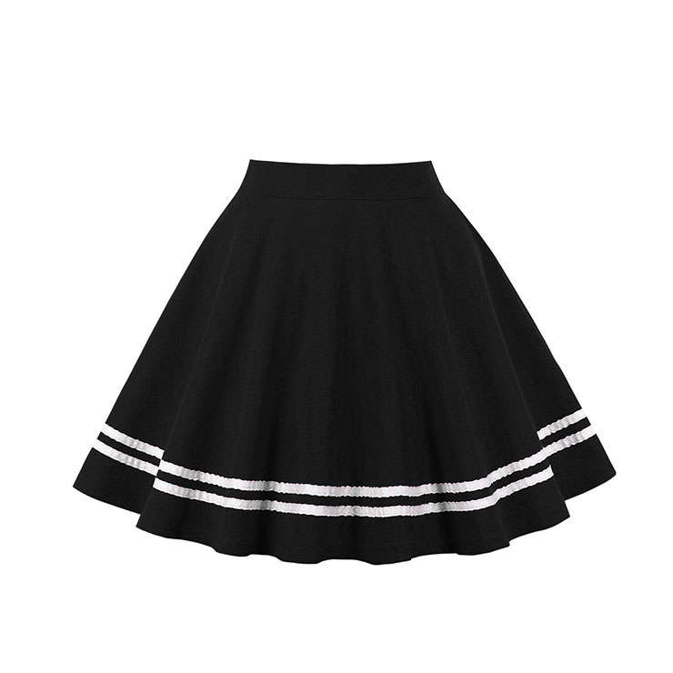 Fashion Black Navy Style Striped Trim Cotton High Waist A-line Mini Pleated Skirt N20942