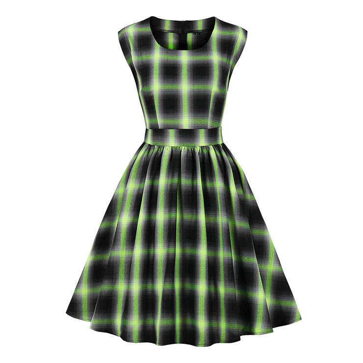 Fashion Plaid Printed Round Neckline Sleeveless High Waist Stylish Daily Casual Swing Dress N21498