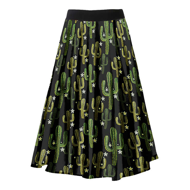 Fashion Casual Cactus Printing Longuette High Waist A-Line Skirt N18794